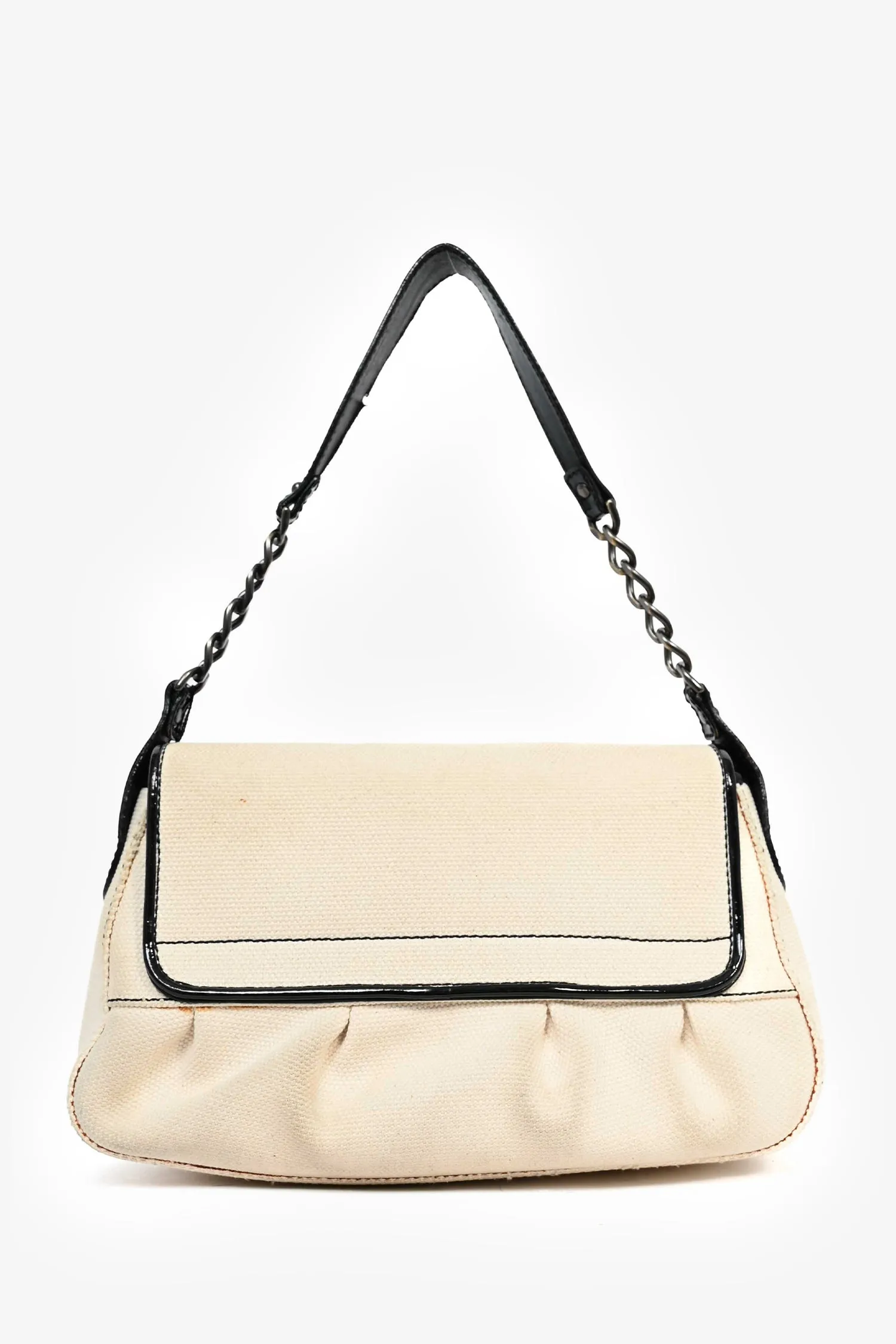 Fendi Vintage Cream Canvas Black Patent Leather Trim 'B Bis' Shoulder Bag