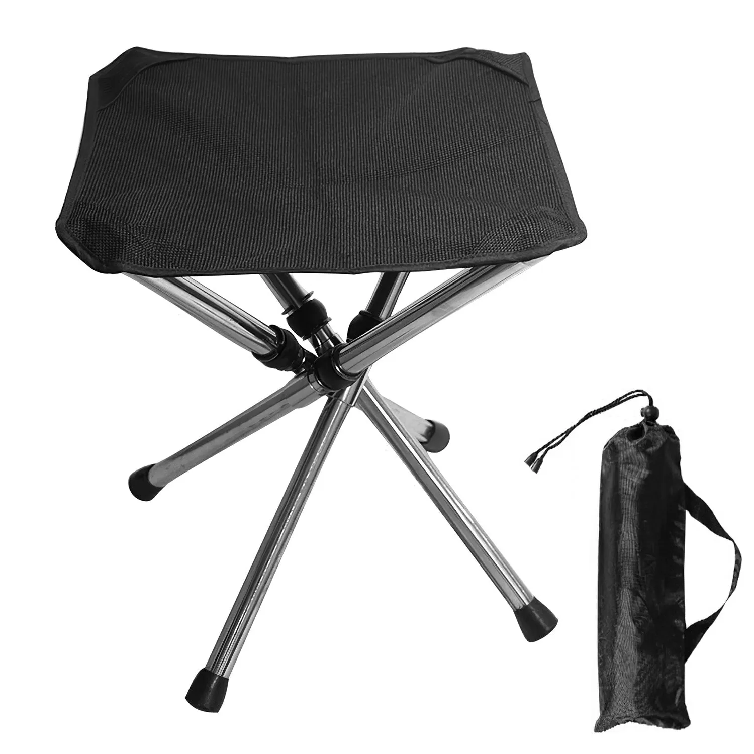Foldable Camping Stool Retractable Portable Folding Chair Easy Setup Lightweight Backpacking Stool Carry Bag Fishing Camping Hiking BBQ - Black - Large