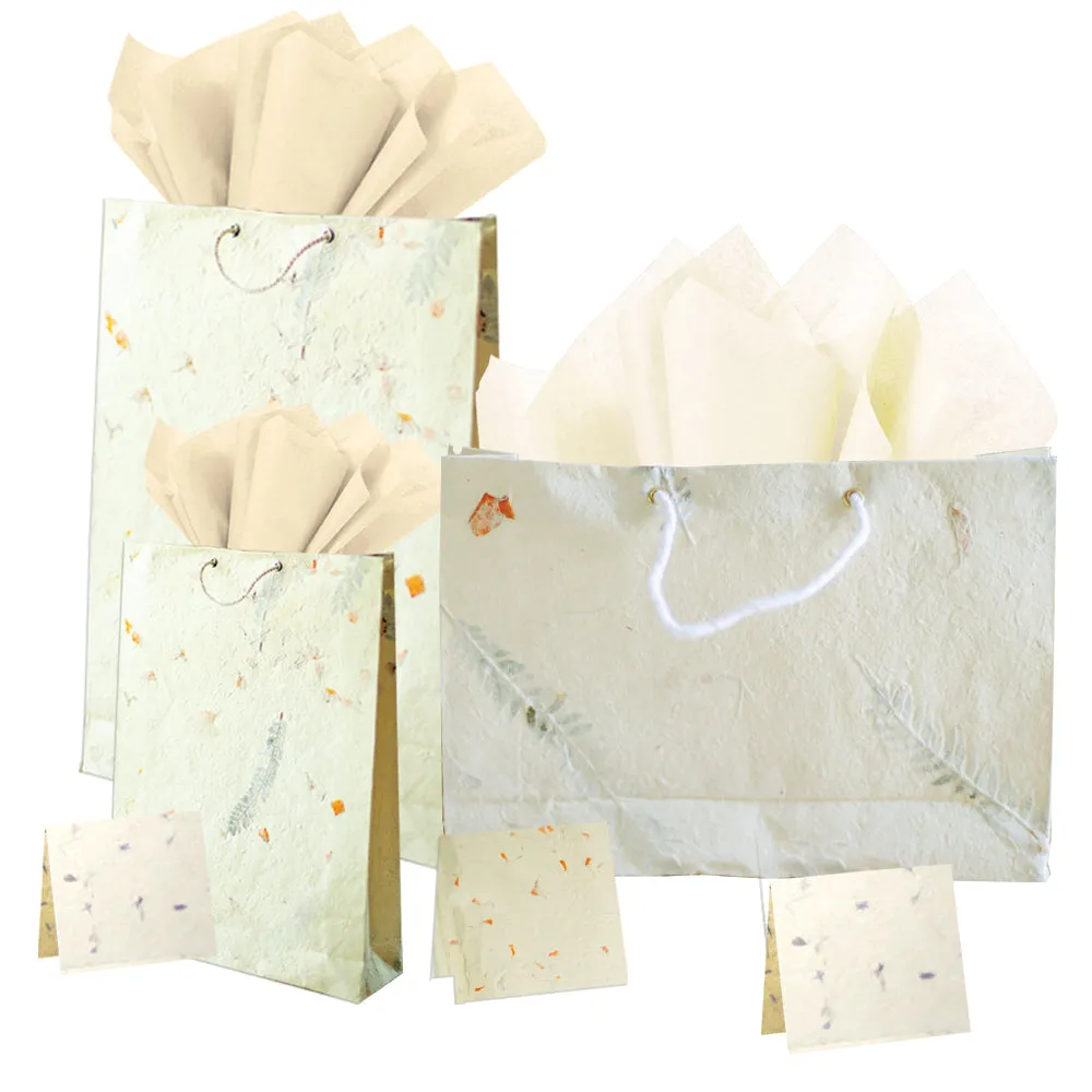 Handmade Lokta Paper Gift Bag with Tissue and Greeting Card Set I Pack of 3 I  All Handmade with Tree Free Lokta Paper and adorned with Real Flower Petal & Leaves for Any Occasion