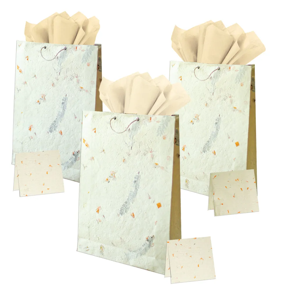 Handmade Lokta Paper Gift Bag with Tissue and Greeting Card Set I Pack of 3 I  All Handmade with Tree Free Lokta Paper and adorned with Real Flower Petal & Leaves for Any Occasion