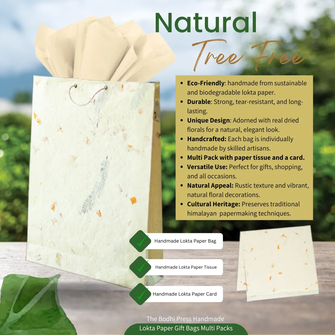 Handmade Lokta Paper Gift Bag with Tissue and Greeting Card Set I Pack of 3 I  All Handmade with Tree Free Lokta Paper and adorned with Real Flower Petal & Leaves for Any Occasion