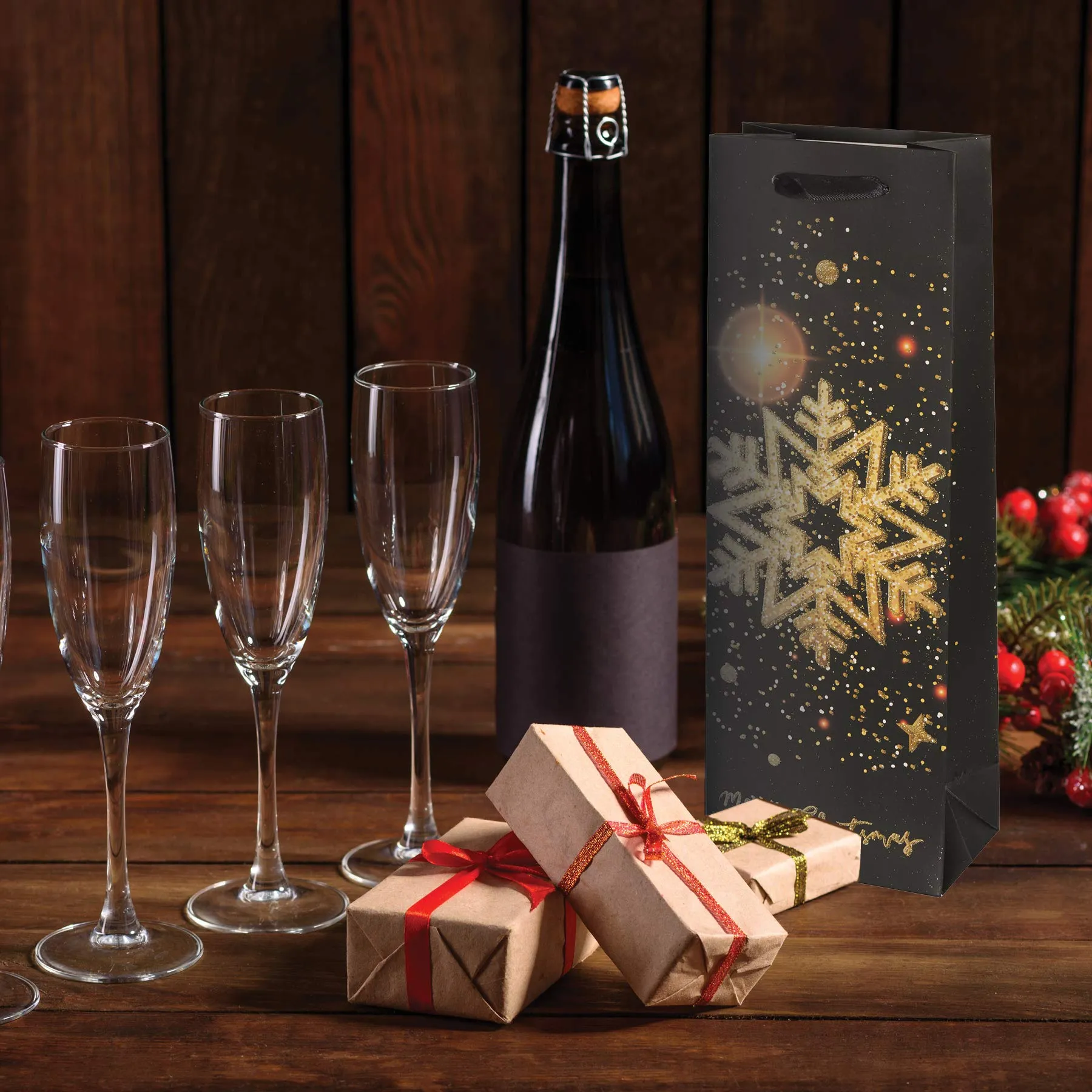 Holiday Wine Gift Bags - Black And Gold Wine Bags - Elegant Gold And Black Xmas Gift Bags