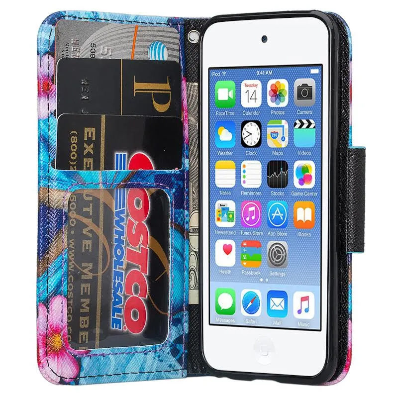 iPod Touch 5 / Ipod Touch 6 Wallet Case, Slim Strap Flip Folio [Kickstand] Pu Leather Wallet Case with ID & Credit Card Slots - Blue Butterfly