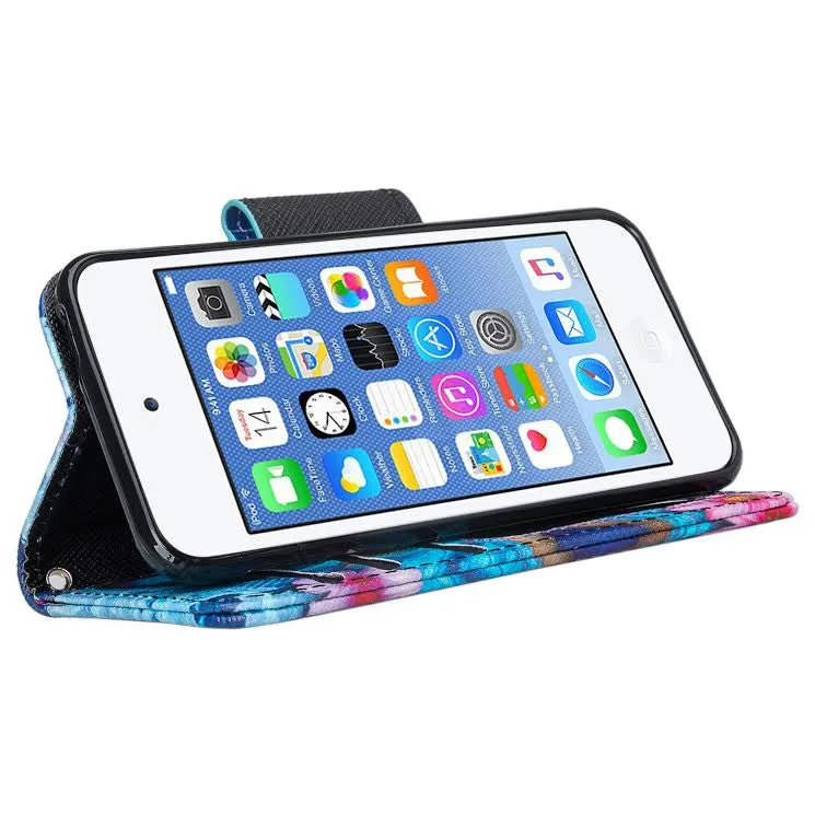 iPod Touch 5 / Ipod Touch 6 Wallet Case, Slim Strap Flip Folio [Kickstand] Pu Leather Wallet Case with ID & Credit Card Slots - Blue Butterfly