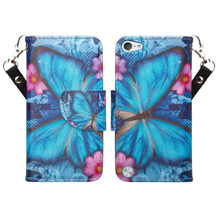 iPod Touch 5 / Ipod Touch 6 Wallet Case, Slim Strap Flip Folio [Kickstand] Pu Leather Wallet Case with ID & Credit Card Slots - Blue Butterfly