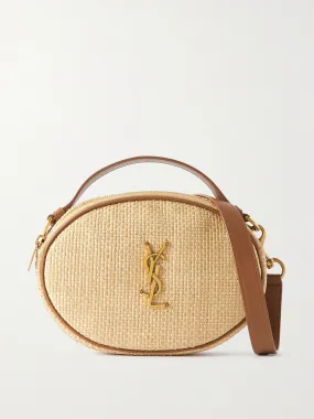 Leather-trimmed embellished raffia shoulder bag