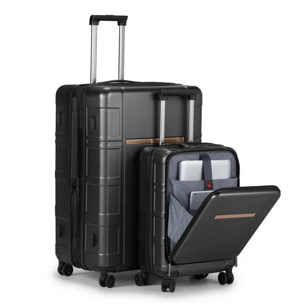 Luggage Expandable Suitcase 2 Piece Set Carry On ABS PC Spinner Trolley with pocket Compartment Weekend Bag , Black Color