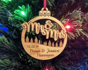 Mr and Mrs Christmas Ornament Engraved Personalized Rustic Holiday Wedding Gift Favor for Bride Groom Couples Just Married Ornaments Custom
