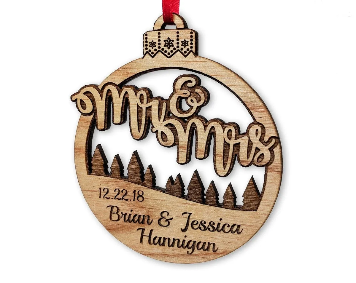 Mr and Mrs Christmas Ornament Engraved Personalized Rustic Holiday Wedding Gift Favor for Bride Groom Couples Just Married Ornaments Custom