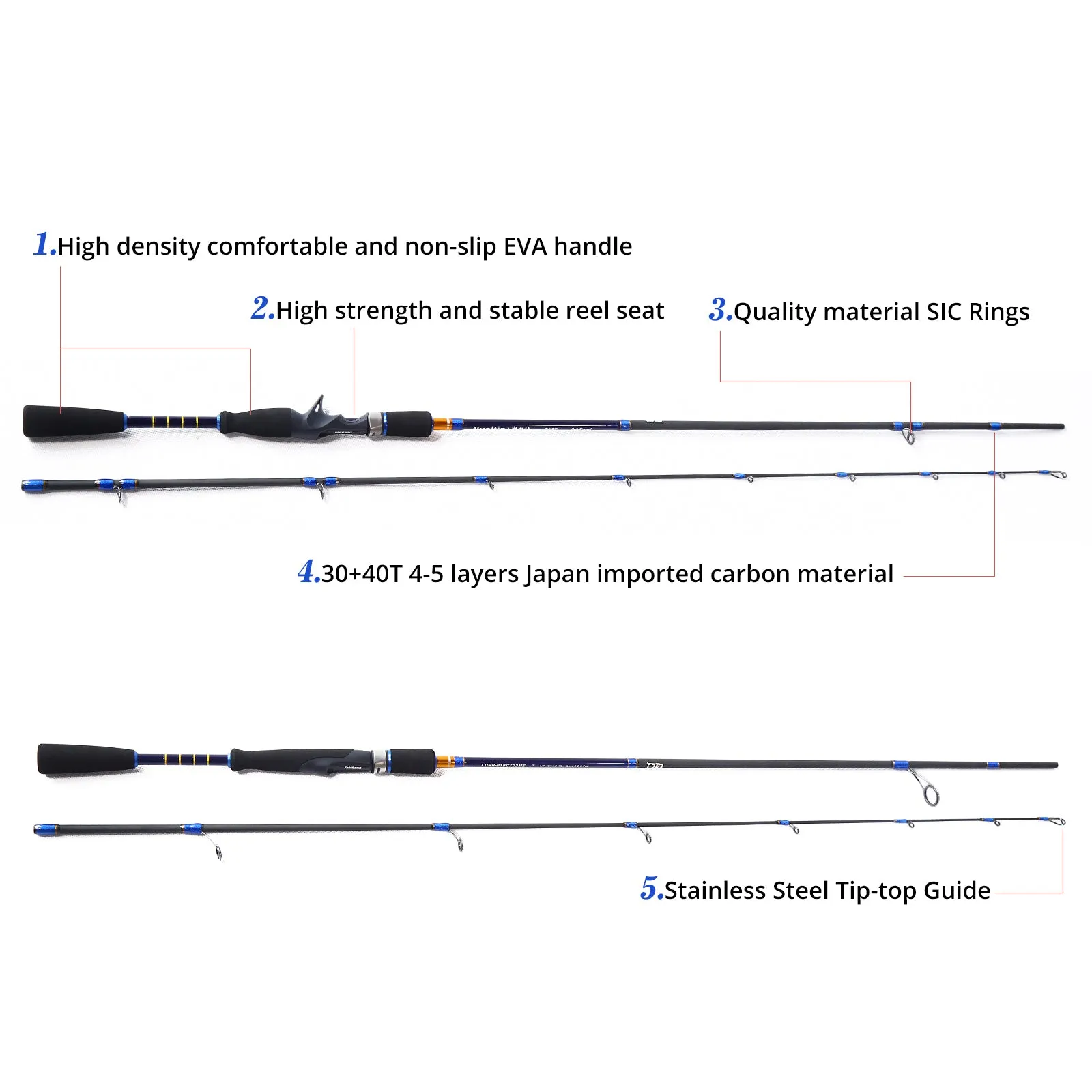 Nueltin 019c 6.6'/7' Carbon Casting Rod Spinning Rod Lure Fishing Rod - USA