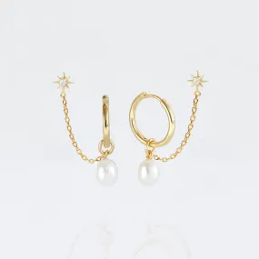 Pearl Hoop & Chain Star Stud Earring