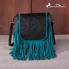RLC-L159 Montana West Genuine Leather Tooled Collection Fringe Crossbody - Turquoise