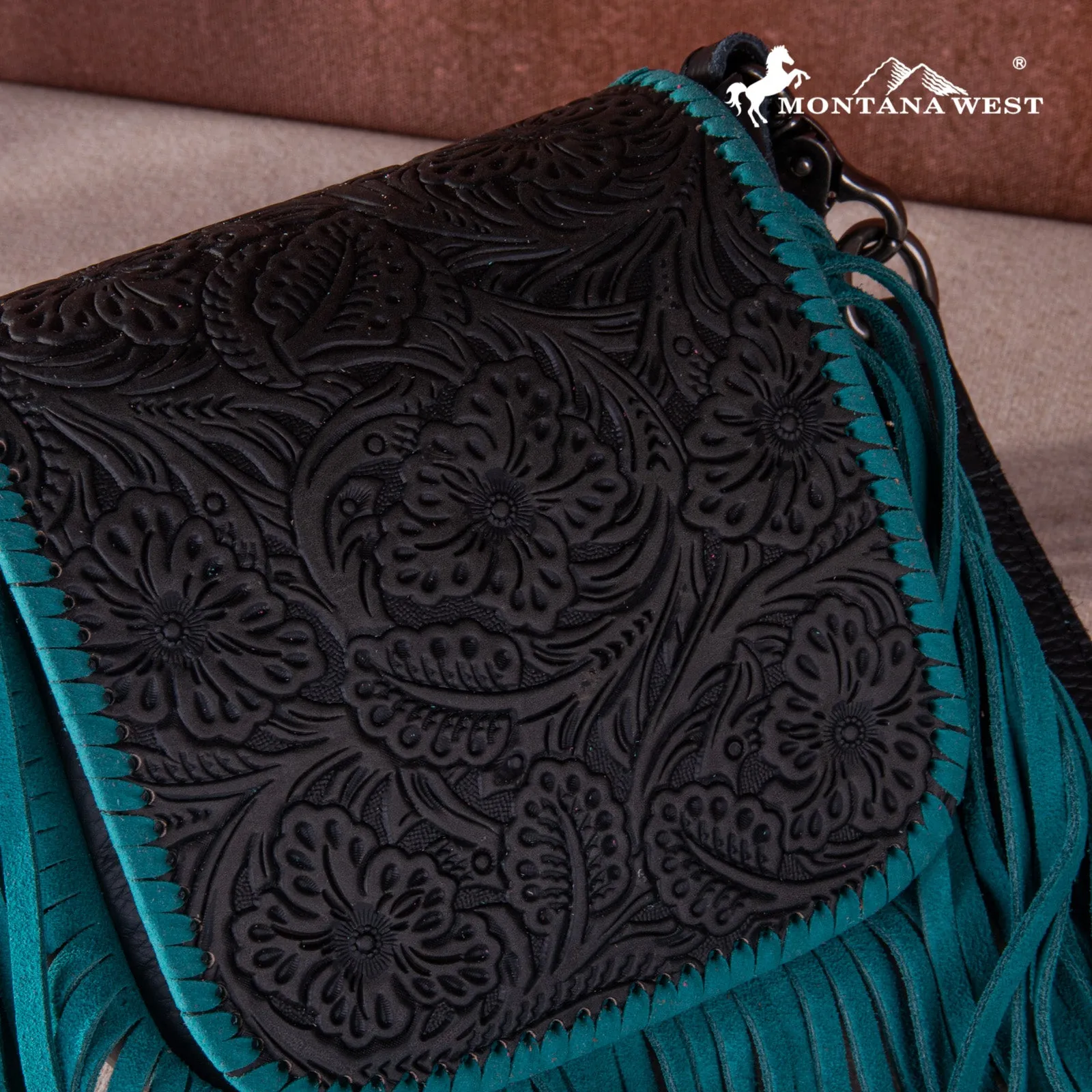 RLC-L159 Montana West Genuine Leather Tooled Collection Fringe Crossbody - Turquoise