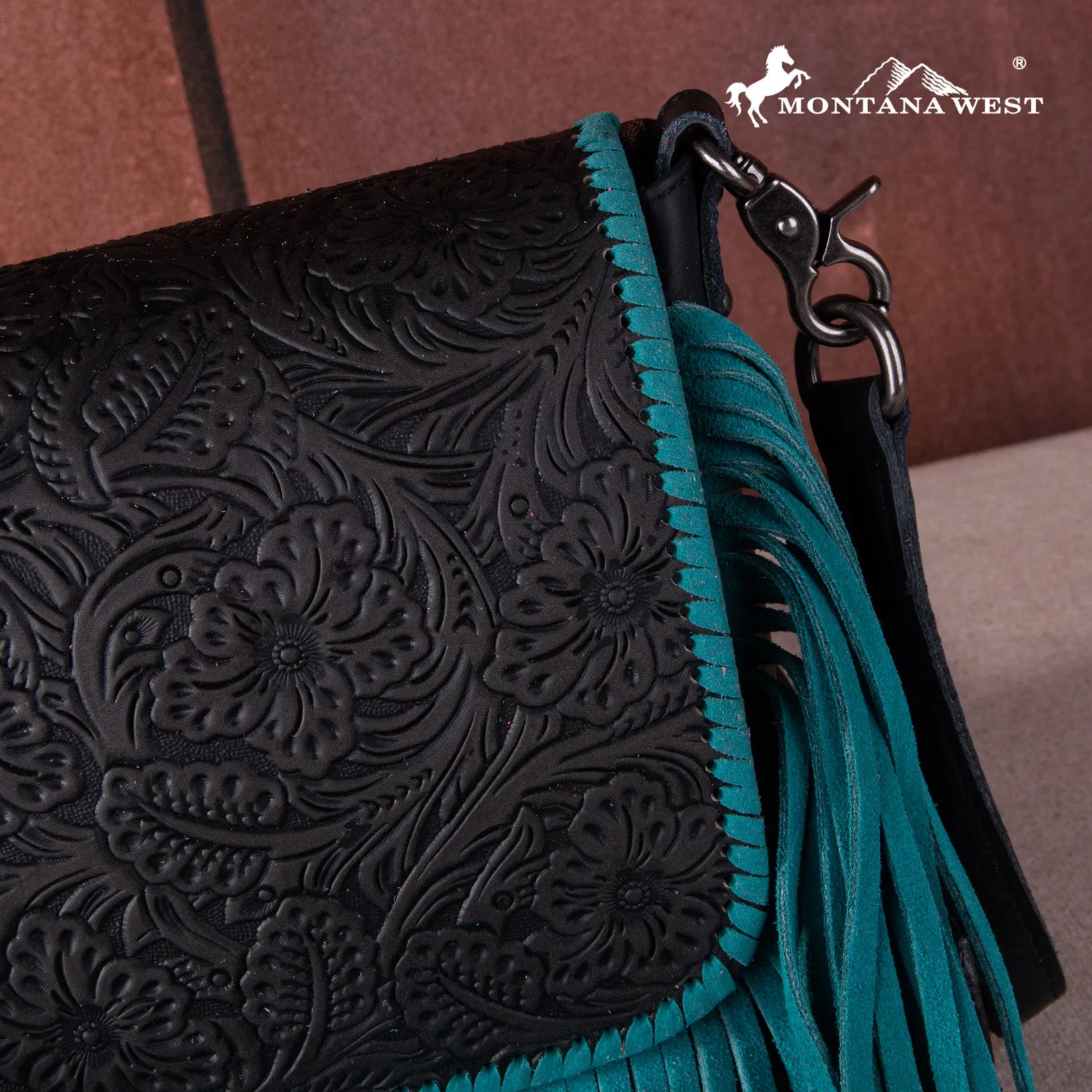 RLC-L159 Montana West Genuine Leather Tooled Collection Fringe Crossbody - Turquoise