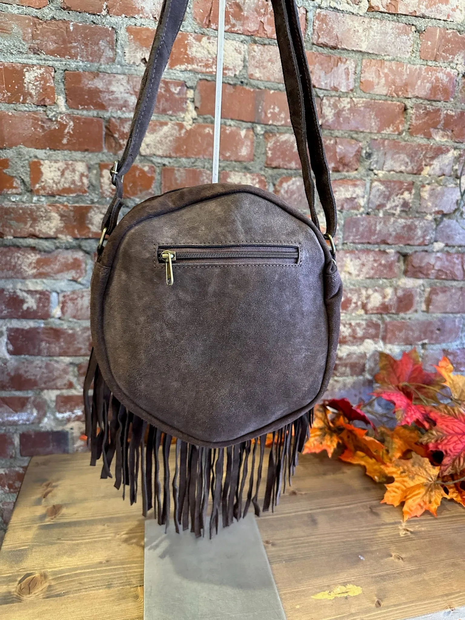 Round Suede Crossbody Bag w/Fringe