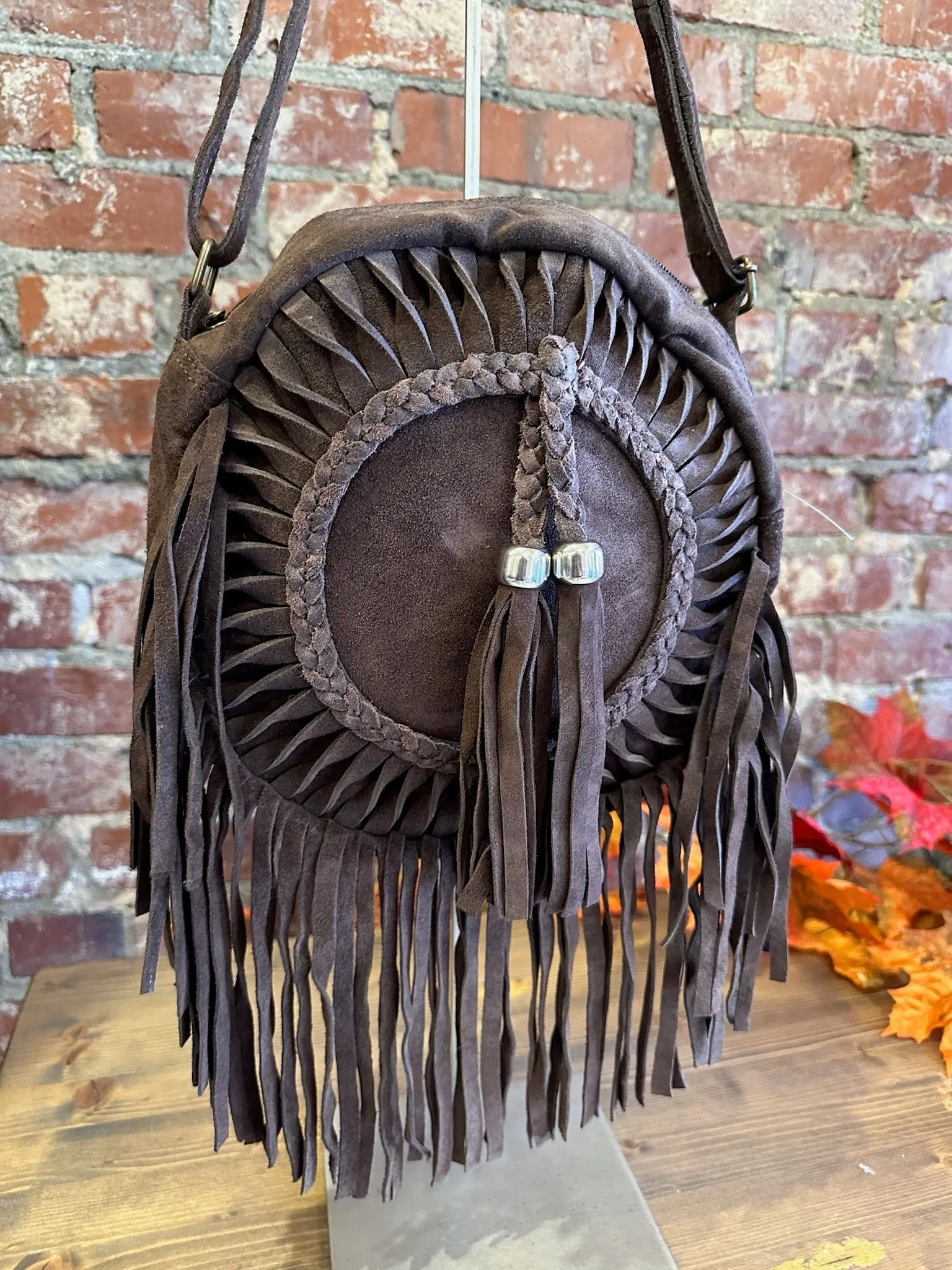 Round Suede Crossbody Bag w/Fringe