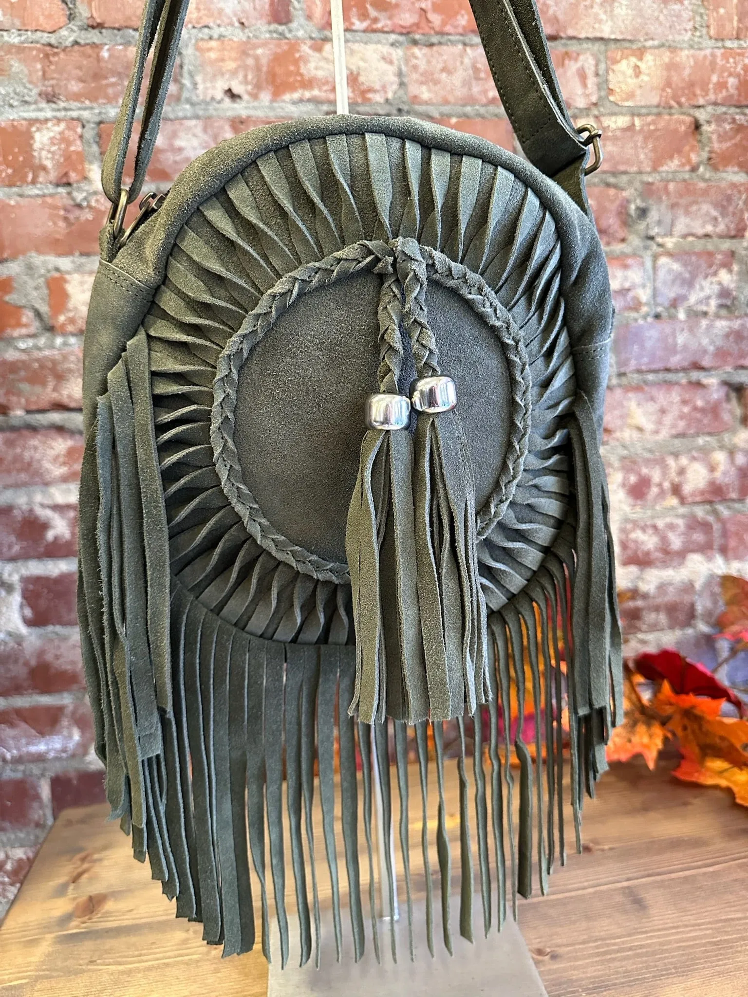 Round Suede Crossbody Bag w/Fringe