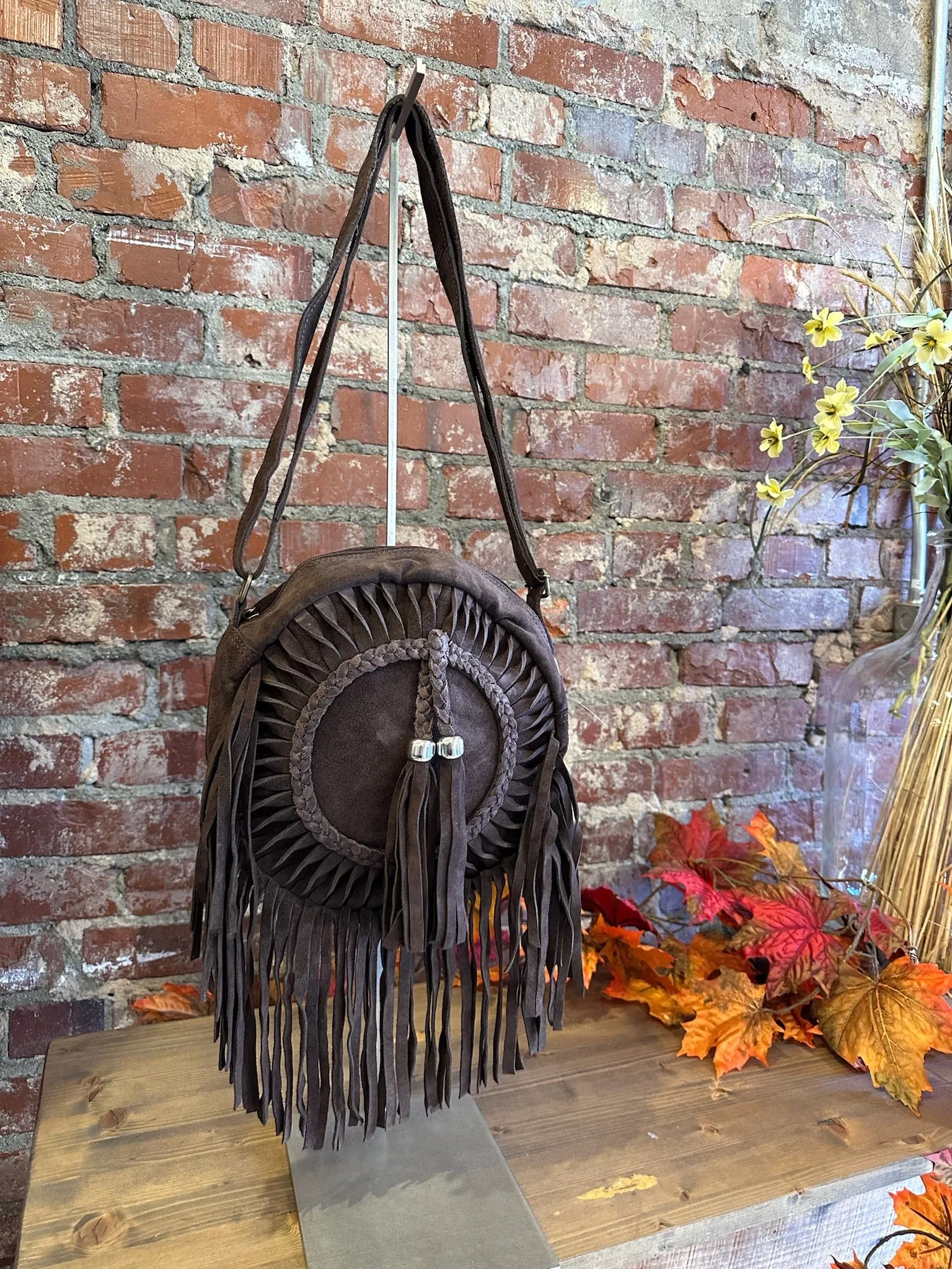 Round Suede Crossbody Bag w/Fringe