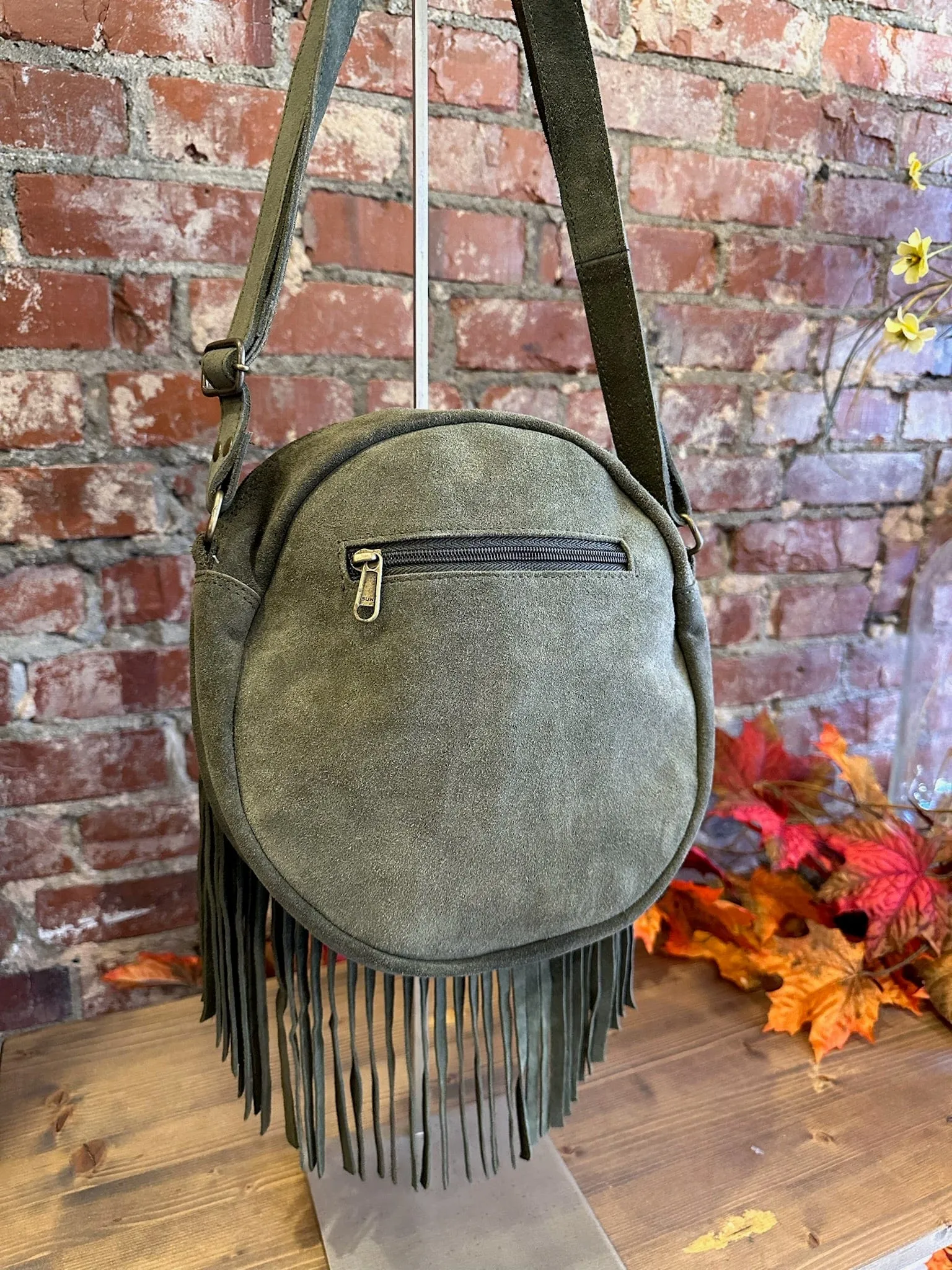 Round Suede Crossbody Bag w/Fringe