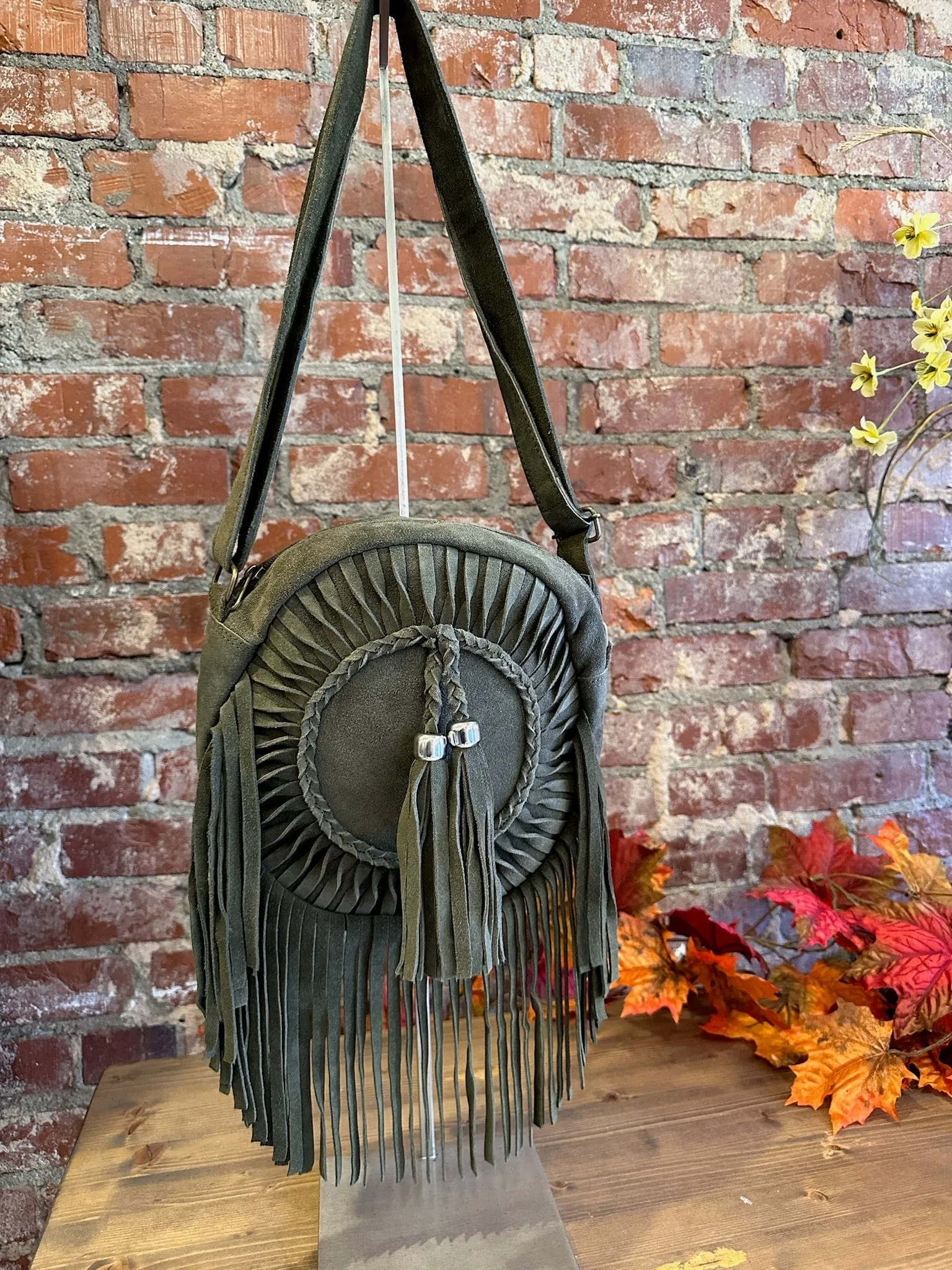 Round Suede Crossbody Bag w/Fringe