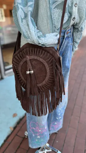 Round Suede Crossbody Bag w/Fringe