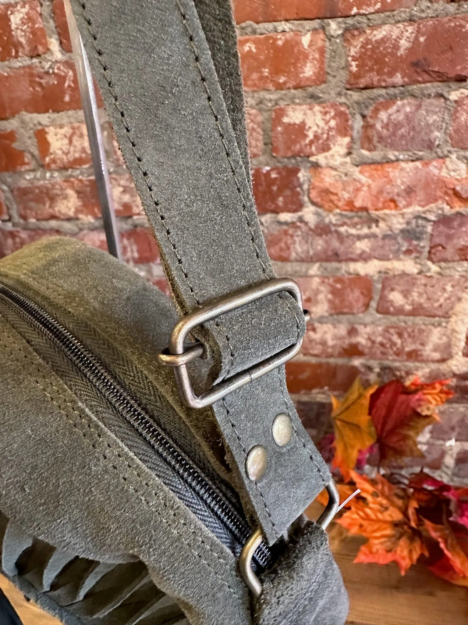 Round Suede Crossbody Bag w/Fringe