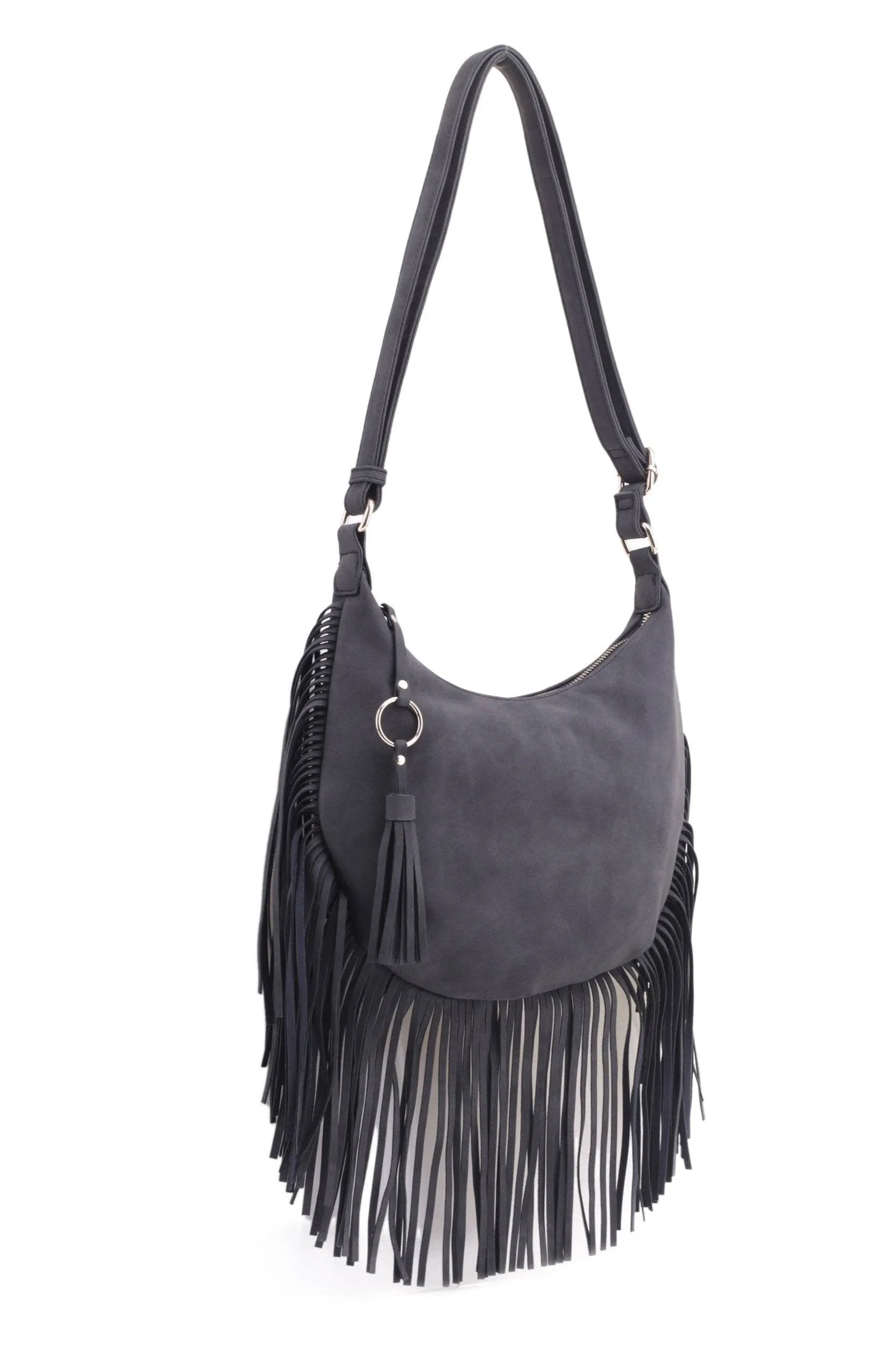 Soft Vegan Leather Fringe HOBO/Crossbody Bag With Tassel in Black