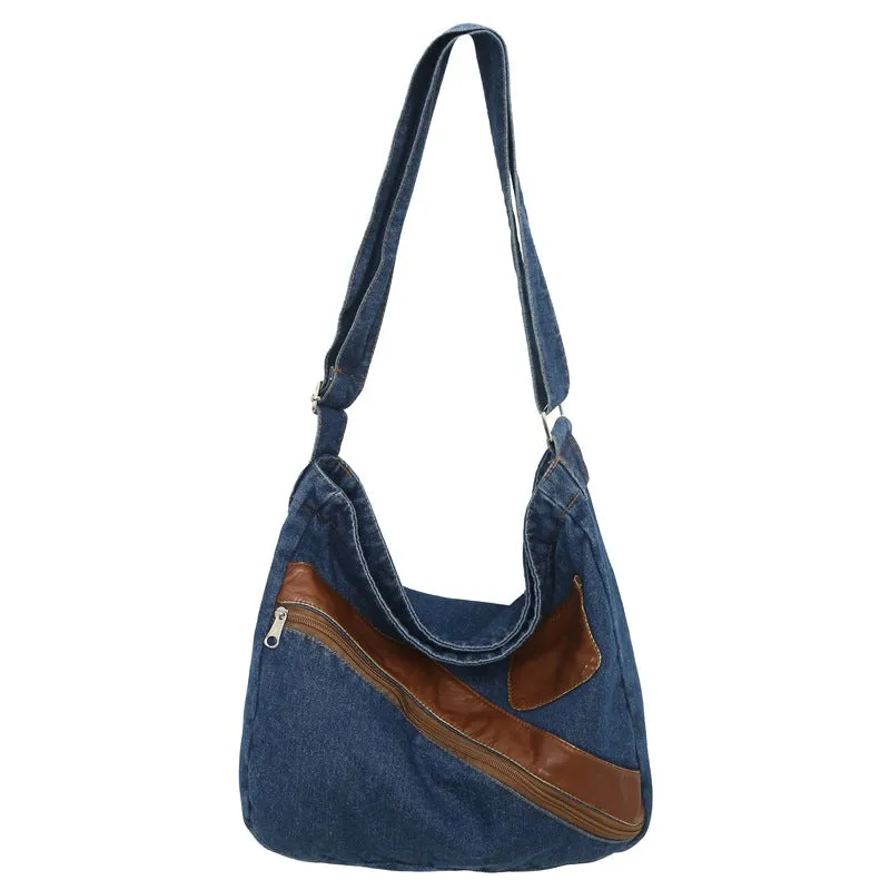 Sohiwoo Vintage Denim Spliced Shoulder Bag All Match Large Capacity Crossbody Bag Perfect Armpit Bag