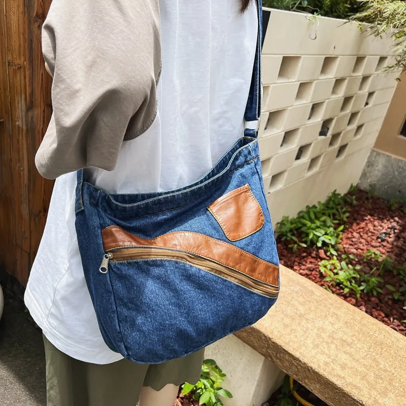 Sohiwoo Vintage Denim Spliced Shoulder Bag All Match Large Capacity Crossbody Bag Perfect Armpit Bag