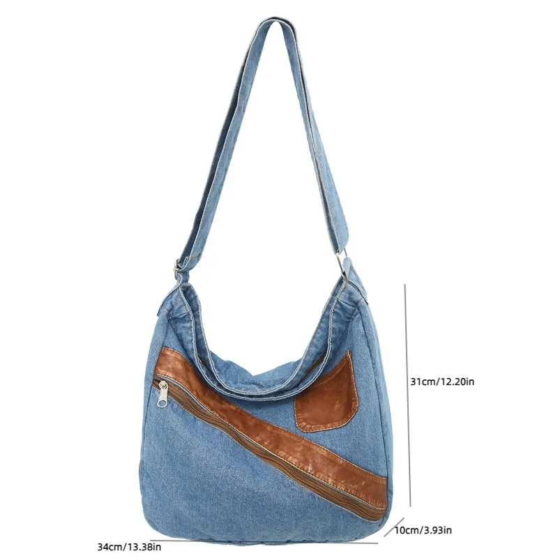 Sohiwoo Vintage Denim Spliced Shoulder Bag All Match Large Capacity Crossbody Bag Perfect Armpit Bag