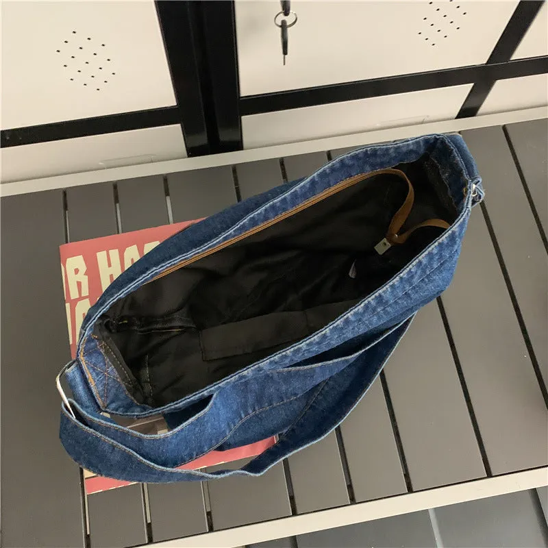 Sohiwoo Vintage Denim Spliced Shoulder Bag All Match Large Capacity Crossbody Bag Perfect Armpit Bag