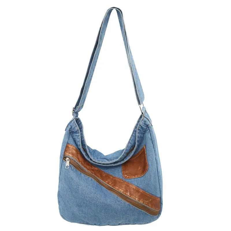 Sohiwoo Vintage Denim Spliced Shoulder Bag All Match Large Capacity Crossbody Bag Perfect Armpit Bag