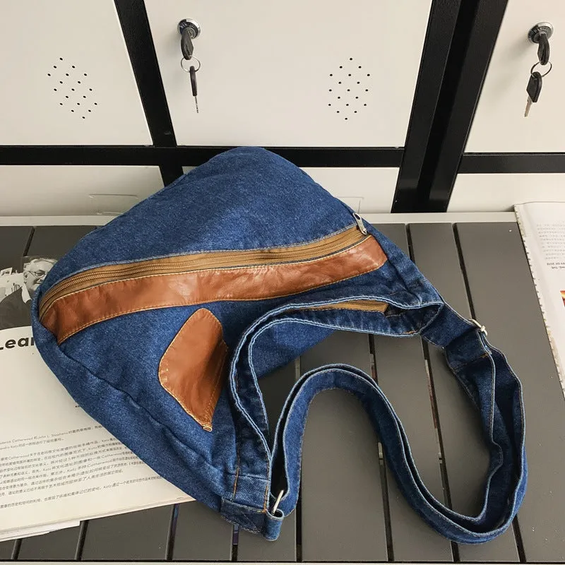 Sohiwoo Vintage Denim Spliced Shoulder Bag All Match Large Capacity Crossbody Bag Perfect Armpit Bag