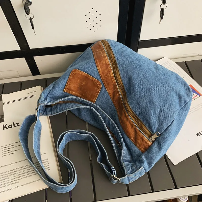 Sohiwoo Vintage Denim Spliced Shoulder Bag All Match Large Capacity Crossbody Bag Perfect Armpit Bag