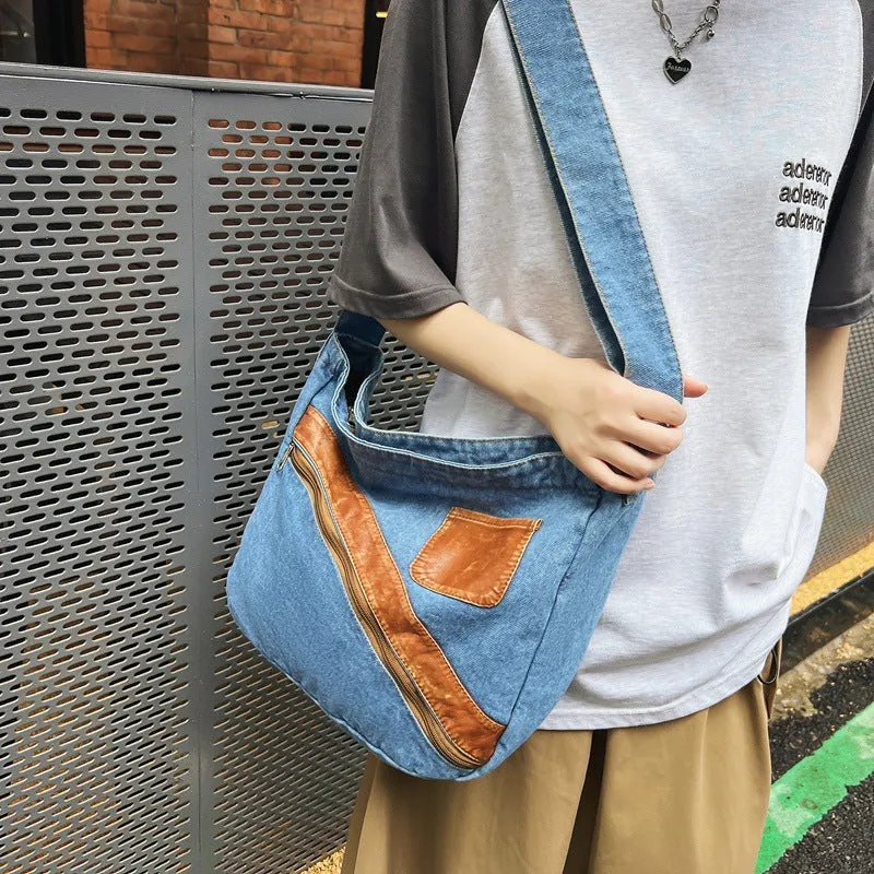 Sohiwoo Vintage Denim Spliced Shoulder Bag All Match Large Capacity Crossbody Bag Perfect Armpit Bag