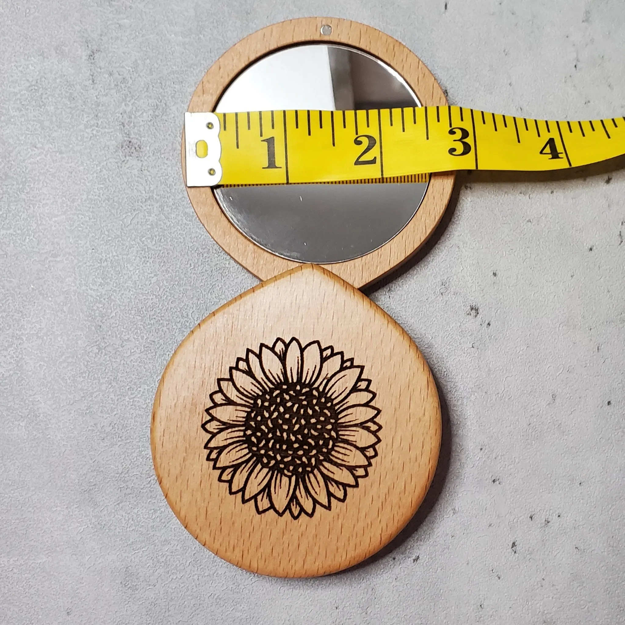 Sunflower Engraved Compact Mirror - Engraved Wooden Mirror