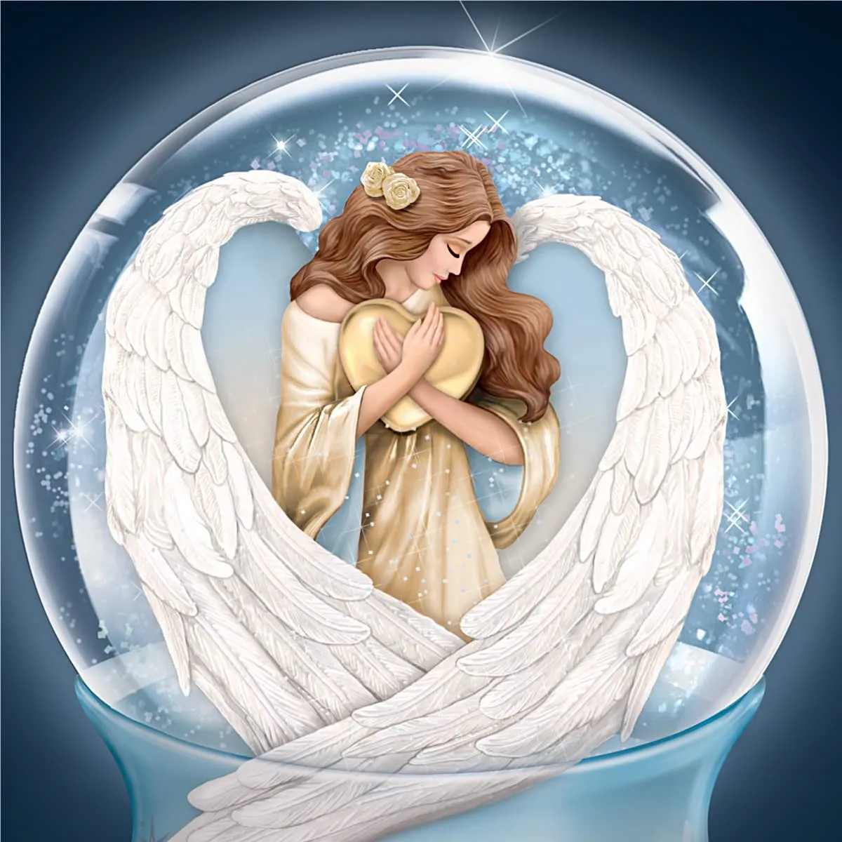The Bradford Exchange An Angel's Embrace Hand-Painted Illuminated Musical Glitter Globe Featuring Sculptural Wings in Raised-Relief Detail On The Heirloom Porcelain Base