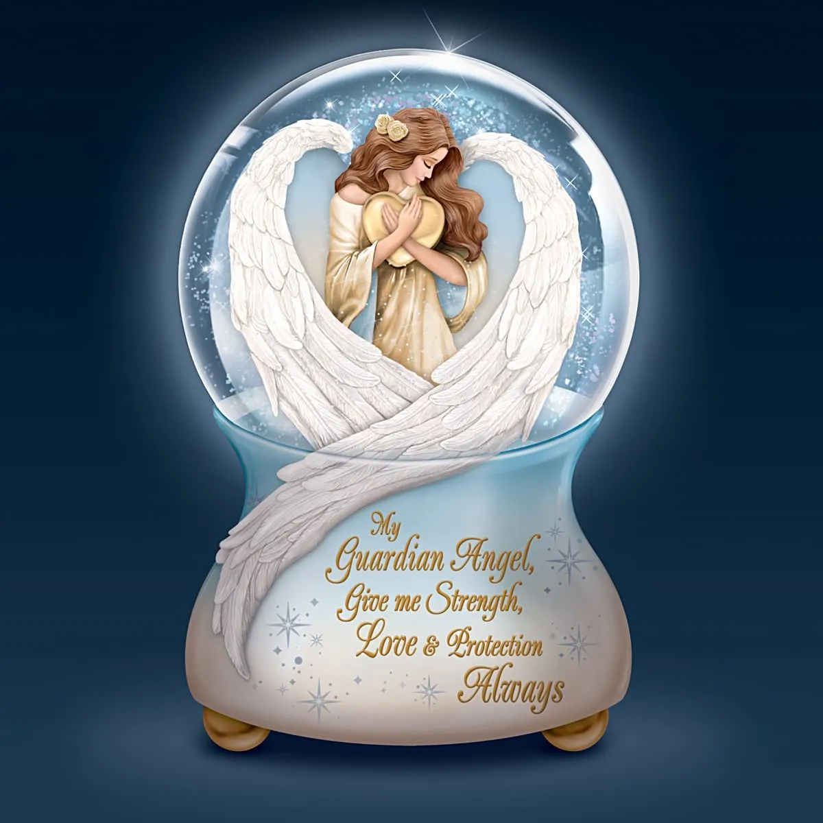 The Bradford Exchange An Angel's Embrace Hand-Painted Illuminated Musical Glitter Globe Featuring Sculptural Wings in Raised-Relief Detail On The Heirloom Porcelain Base