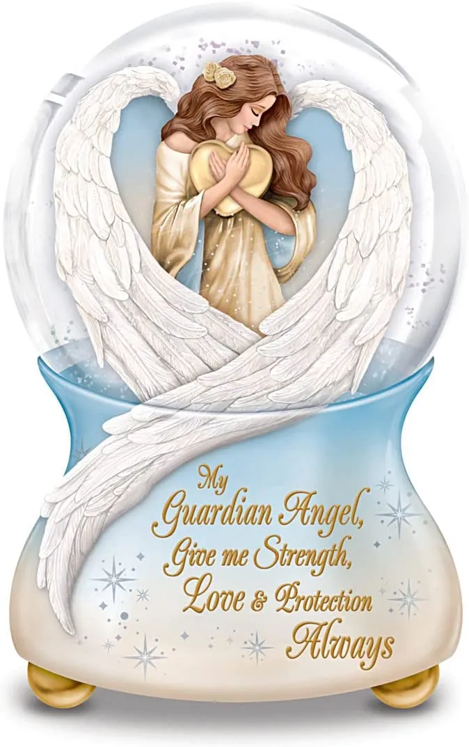 The Bradford Exchange An Angel's Embrace Hand-Painted Illuminated Musical Glitter Globe Featuring Sculptural Wings in Raised-Relief Detail On The Heirloom Porcelain Base