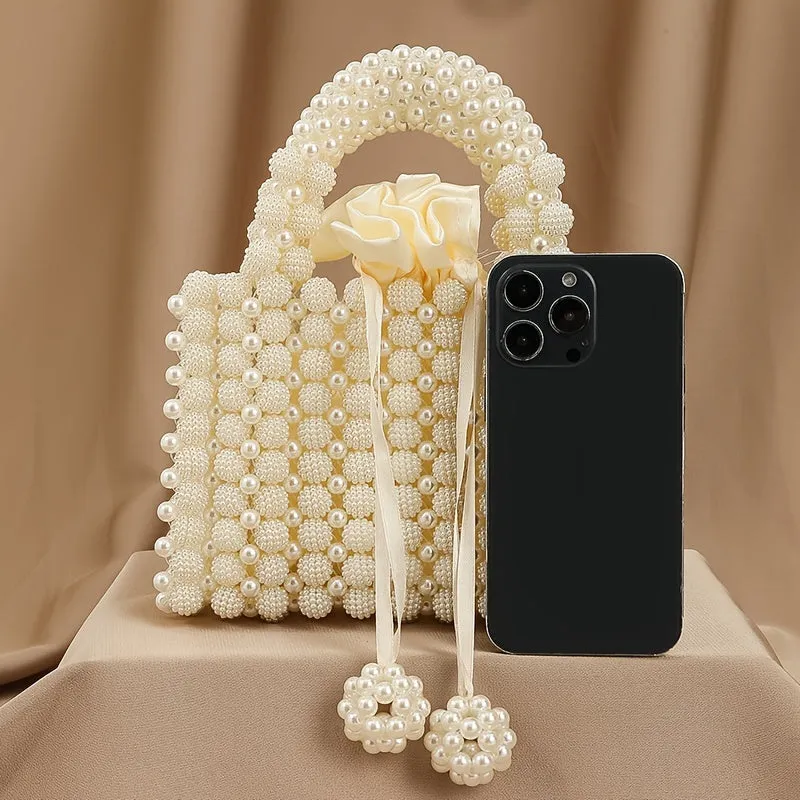 Trendy Beaded Faux Pearl Purse, Small Square Handbag