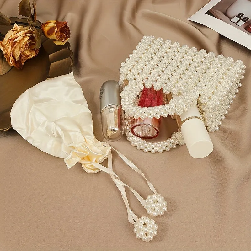 Trendy Beaded Faux Pearl Purse, Small Square Handbag