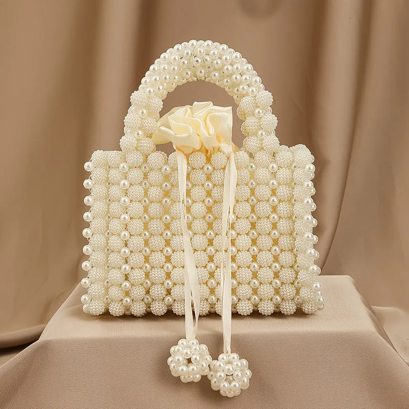 Trendy Beaded Faux Pearl Purse, Small Square Handbag