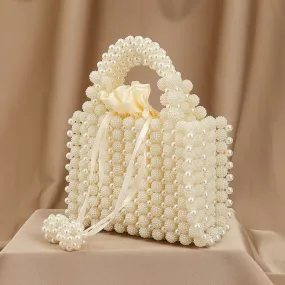 Trendy Beaded Faux Pearl Purse, Small Square Handbag