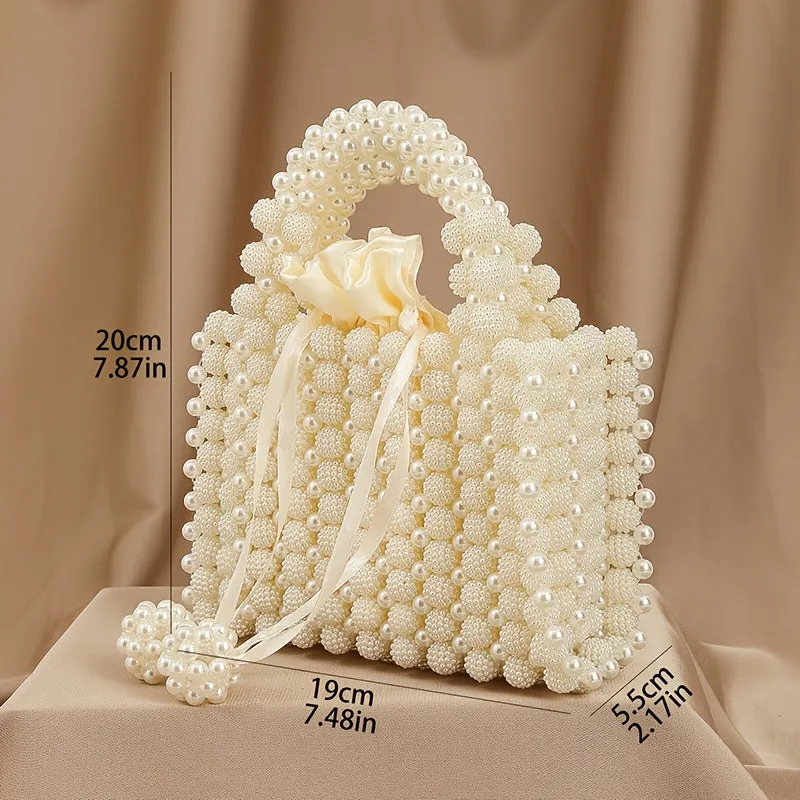 Trendy Beaded Faux Pearl Purse, Small Square Handbag