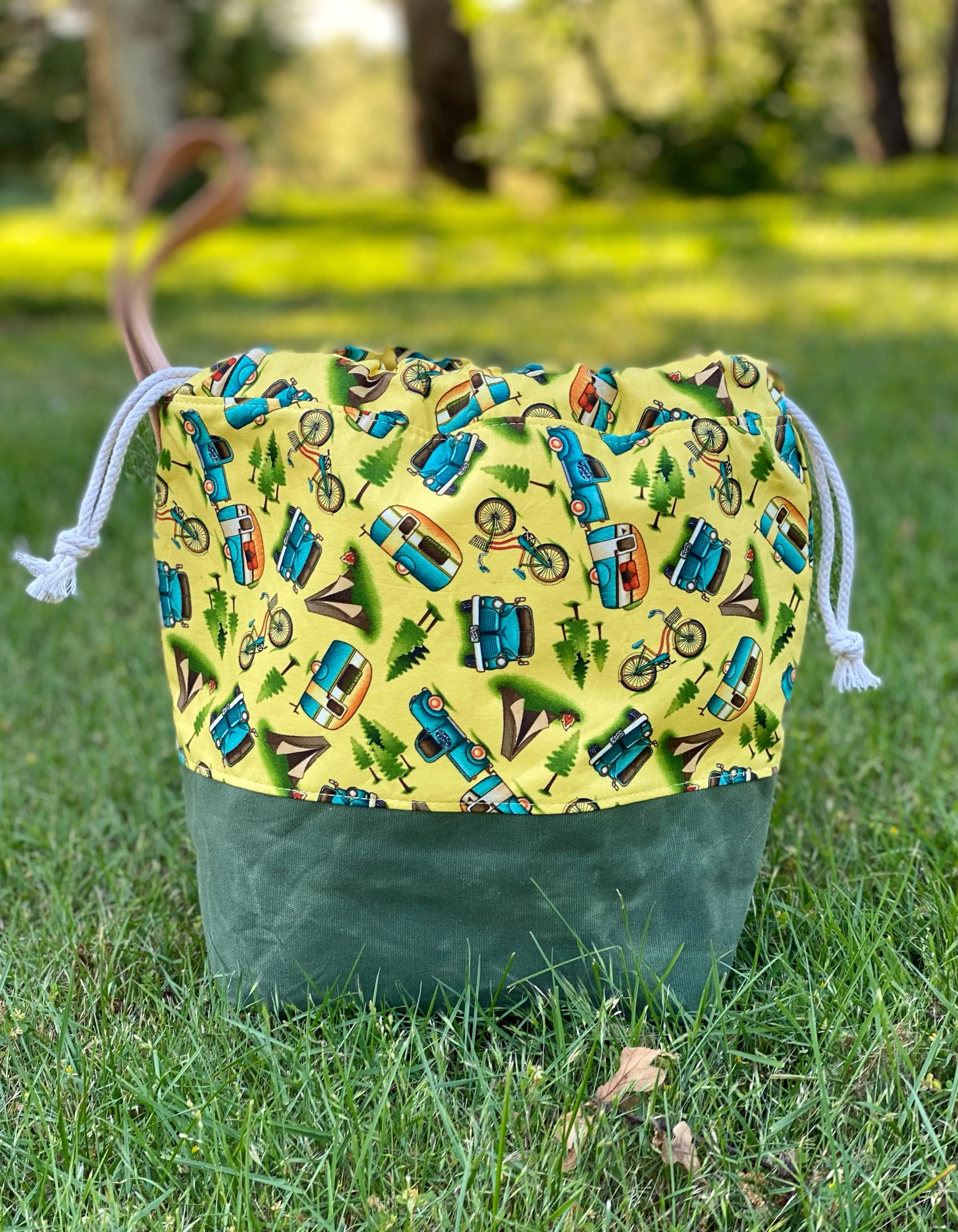 Vintage Camper Cotton Project Bag, Project Bag for Knitters, Waxed Canvas Bag, Crochet Bag, Whimsical Project Bag