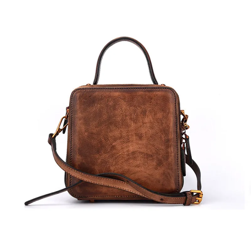 Vintage Womens Cube Bag Leather Handbags Crossbody Bags for Women