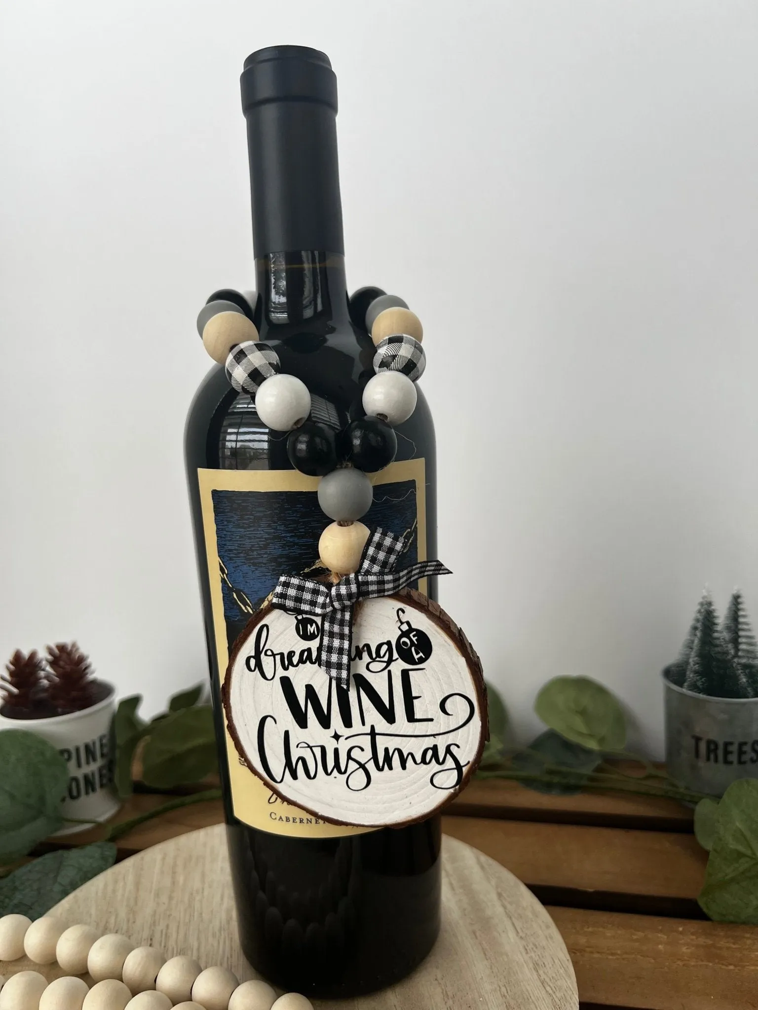 Wine Bottle Hang Tag with Wood Bead Dreaming of a Wine Christmas
