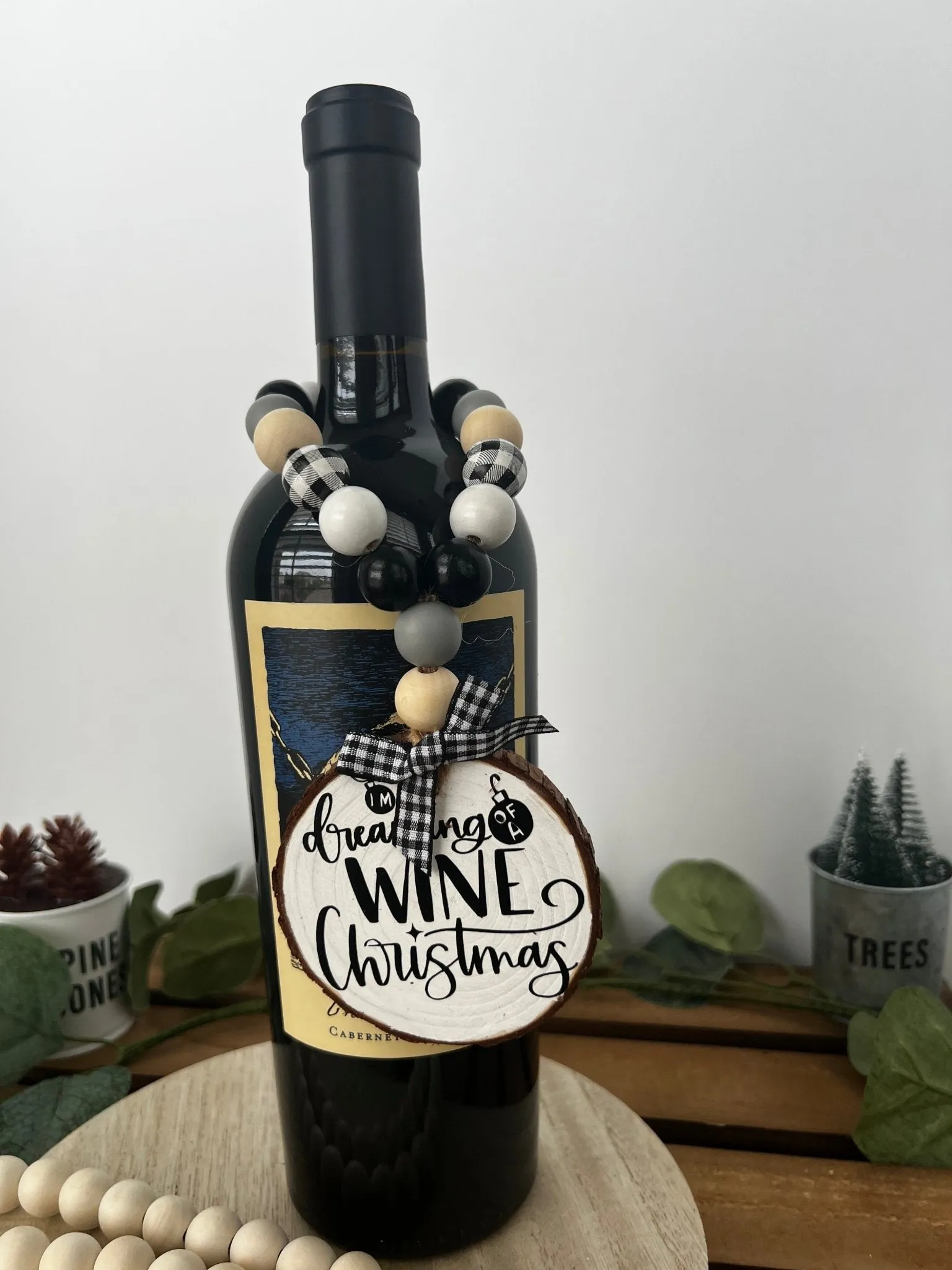 Wine Bottle Hang Tag with Wood Bead Dreaming of a Wine Christmas