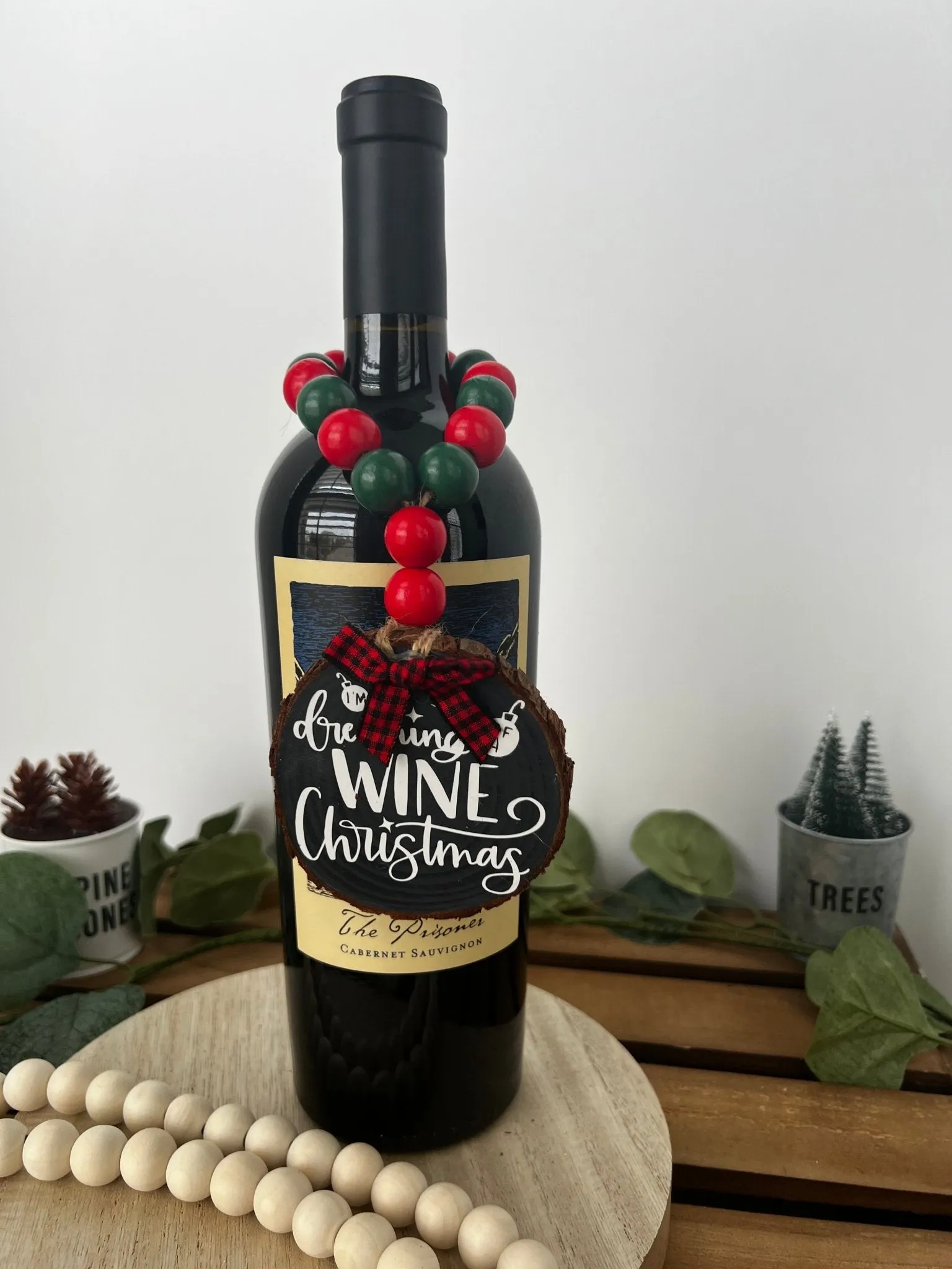 Wine Bottle Hang Tag with Wood Bead Dreaming of a Wine Christmas
