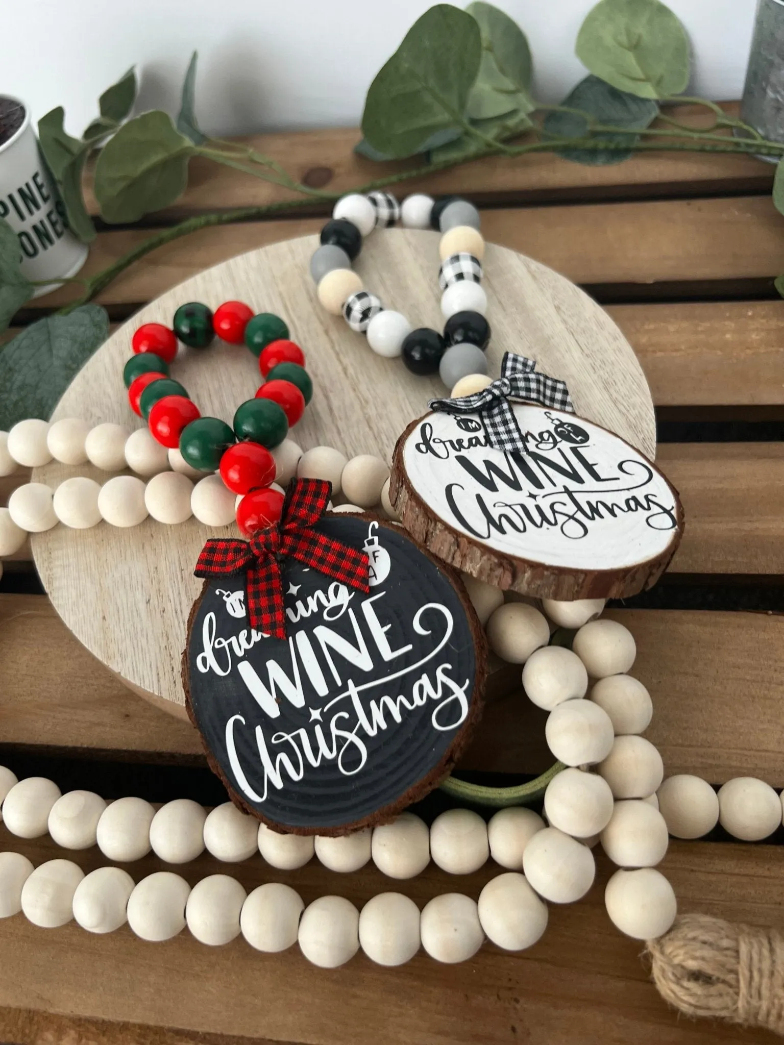 Wine Bottle Hang Tag with Wood Bead Dreaming of a Wine Christmas